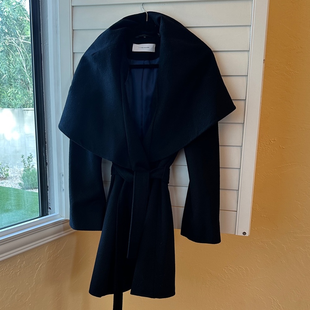 TAHARI Black Wool Winter Wrap Coat with Blue Satin Lining
